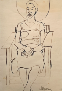 A drawing of a seated woman with her hands on her lap.