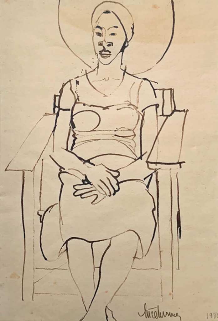 A drawing of a seated woman with her hands on her lap.