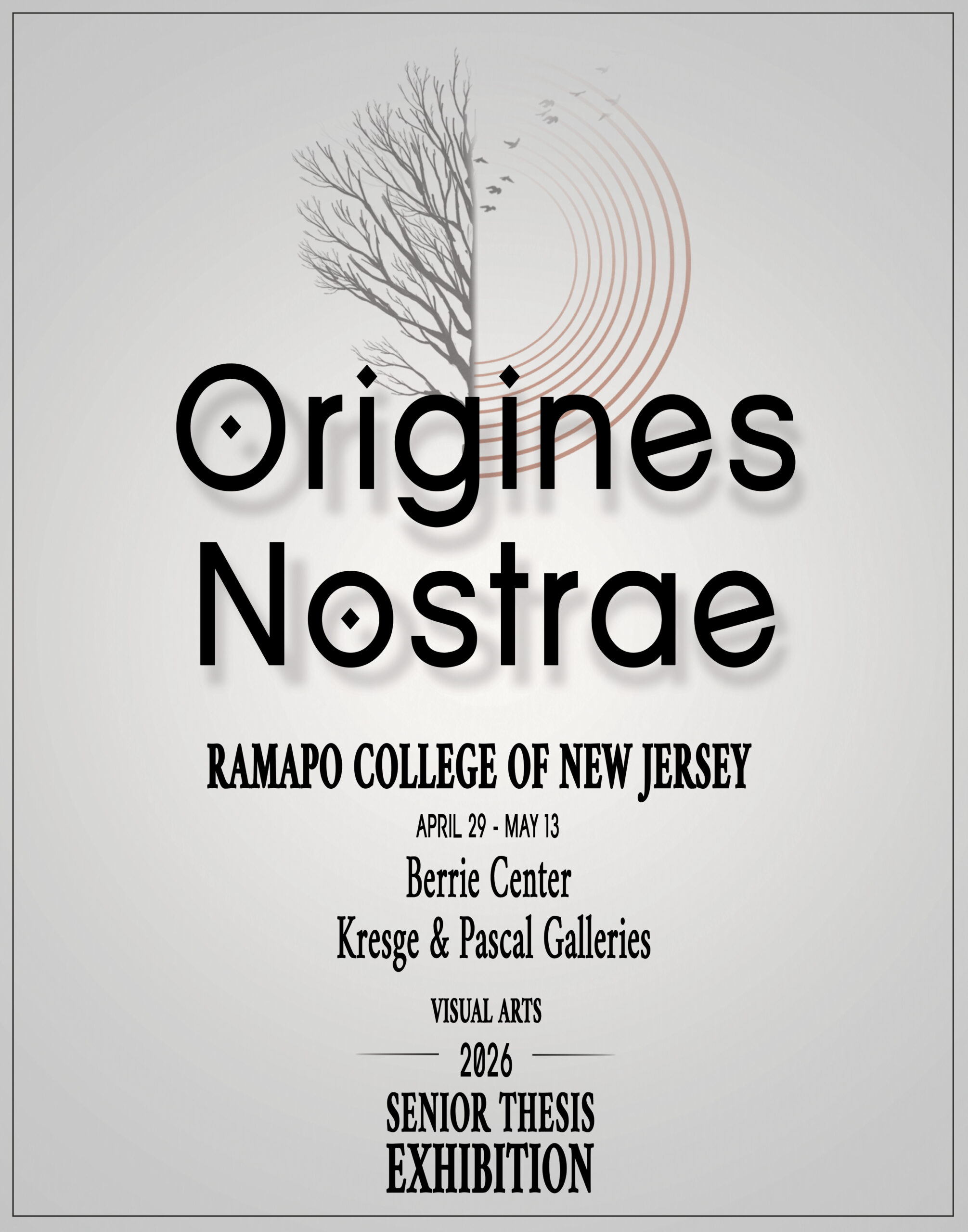 Origines Nostrae poster featuring a logo of a red circle and a half of a tree.
