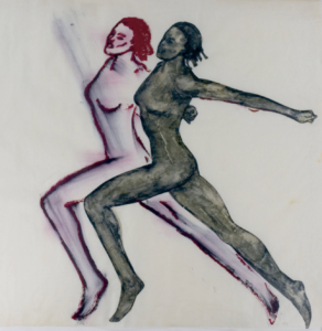 Two nude female figures are shown running side by side. One is sketched in red outline, while the other is shaded in darker tones, both appearing in motion against a light background.
