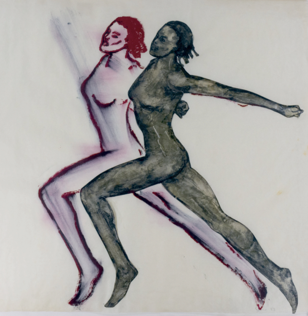 Two nude female figures are shown running side by side. One is sketched in red outline, while the other is shaded in darker tones, both appearing in motion against a light background.