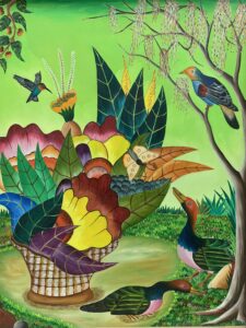 A bright green painting featuring a leafy cornucopia and four blue-bodied, red-headed birds.