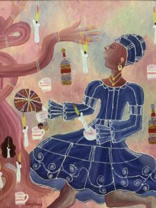 A woman in a blue and white dress and headwrap stands on the right, looking startled and holding a candle. To the left, partially out-of-frame is a taller person in pink, their hands stretching out at impossible angles. The person in pink is made to look like a tree, the branches becoming the hands. In the background are splotches of pink, yellow, and blue with floating candles, cups, and bottles.