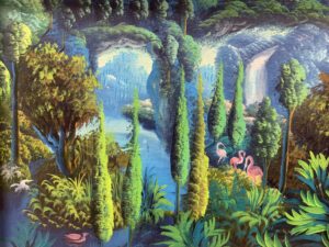 A landscape painting featuring several bright green trees, pink flamingoes, and a sprawling blue waterfall.