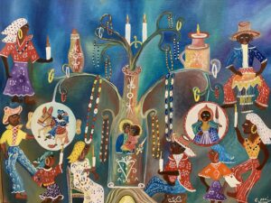 A painting with a blue background featuring many figures with necklaces and candles. The center of the painting features a bottle sprouting branches, also sporting candles and necklaces.