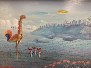 An absurd painting with a blue-green landscape stretching out into the distance, becoming white clouds toward the top of the board. A yellow UFO flies through these clouds. Three people walk through a field with baskets on their heads. On the left side of the image, a towering human-chicken-alien hybrid creature stands with back-bending knees like a flamingo.