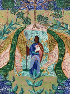 A painting of a shepherd holding a lamb. The shepherd is in the center of the painting, beneath a tree and surrounded by nature.