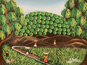 A landscape painting of a plantation, with bright green trees and stalk plants. Along a winding, thin path walk five people, three with baskets on their heads.