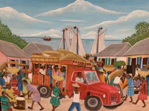 A red bus carrying many people, with a roof loaded with what may be hay or another straw-colored crop. A sign on top of the bus says "Caroline Cherie". Around the bus walk many more people, most with baskets on their heads. Four houses are in the background, as well as the sea with three sailboats and one farther-away rowboat with two people.