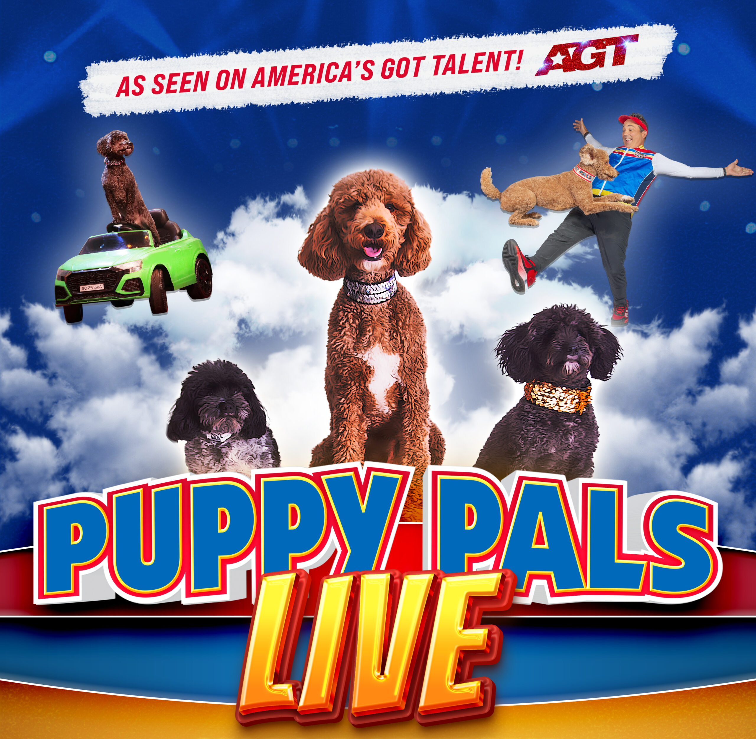 Dogs floating in sky with Puppy Pals Live logo similar to a comic book.