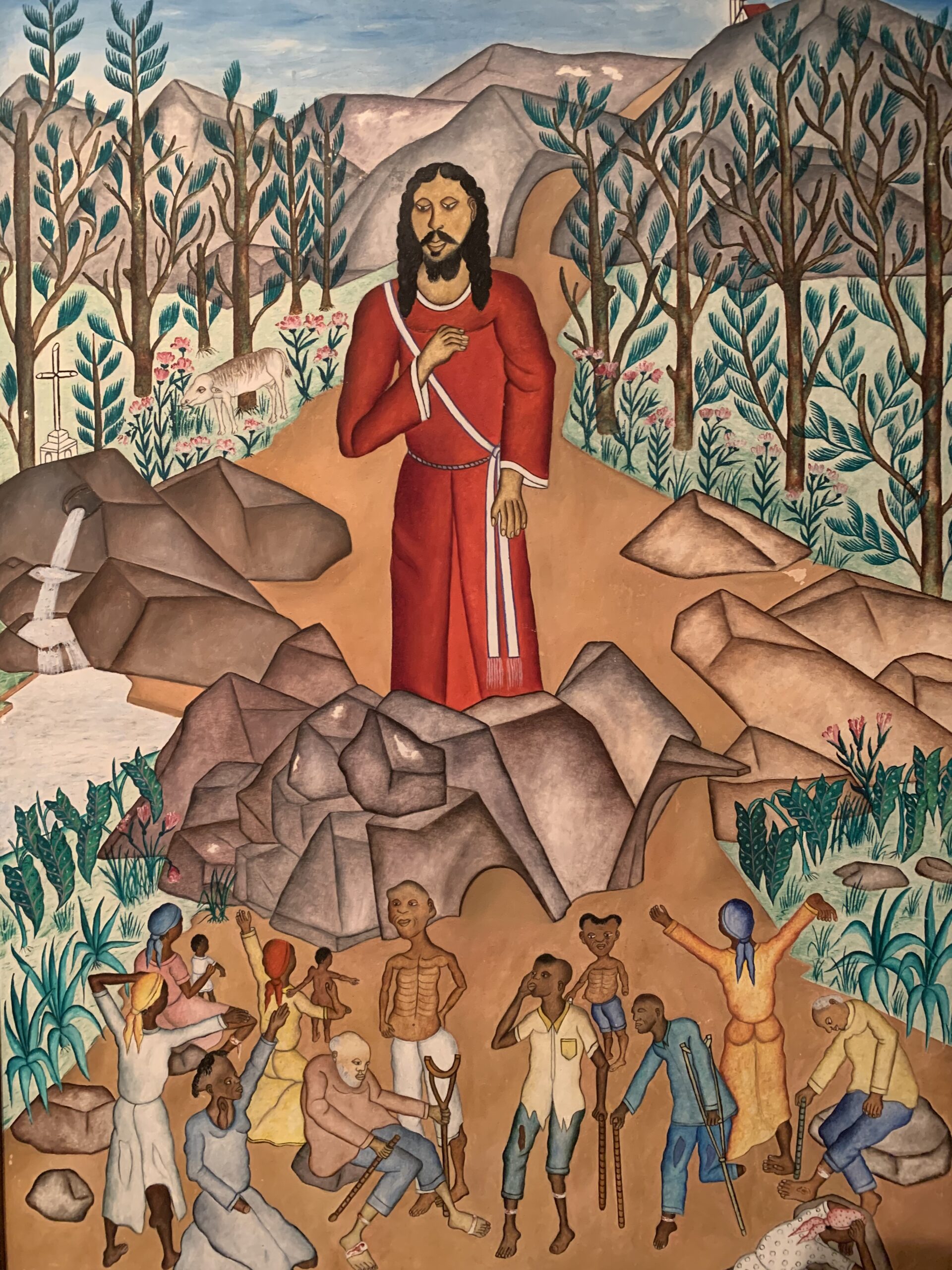 Central Christ figure in red, smaller figures in various depictions of pain and sickness below.