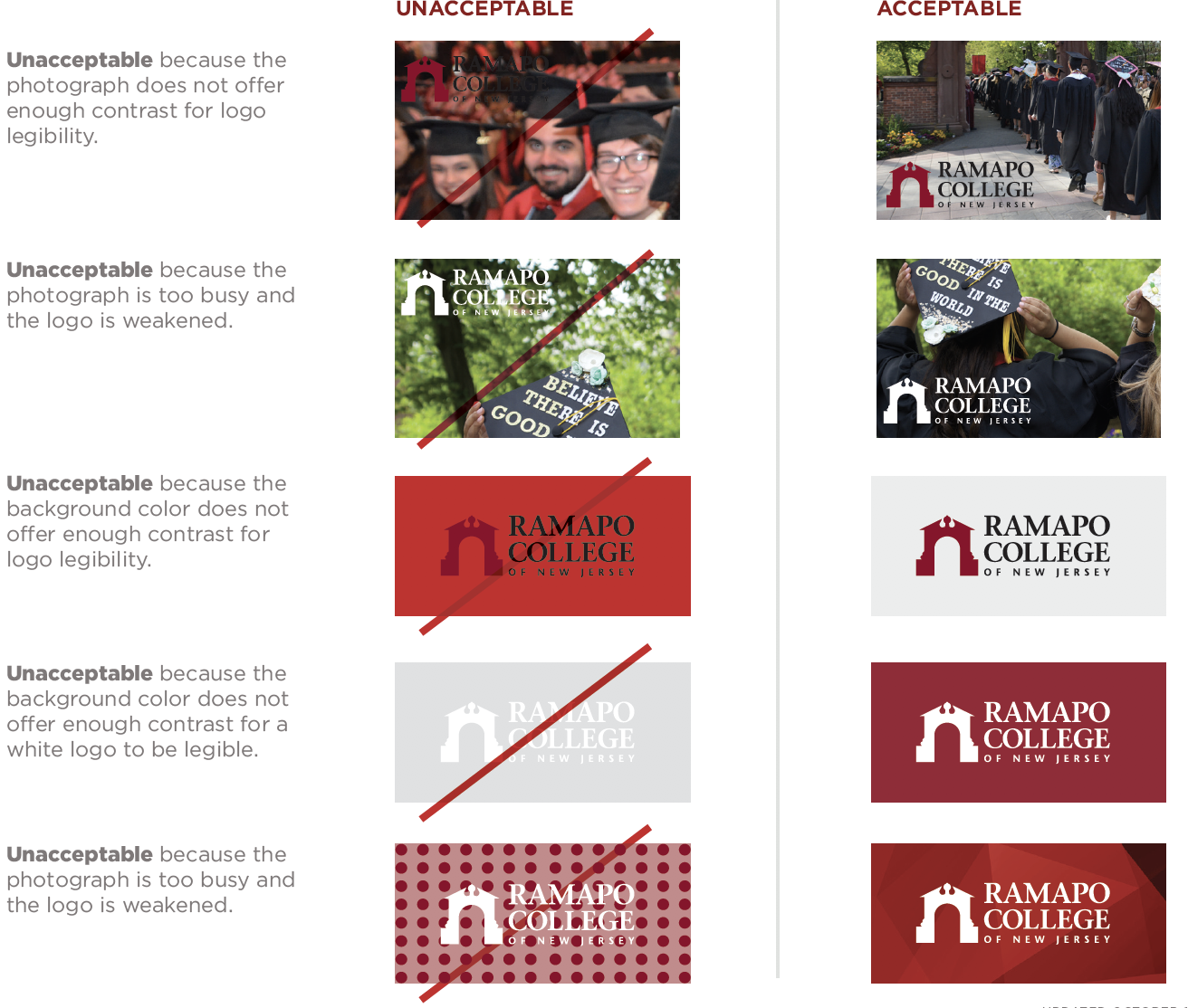 Ramapo logo on backgrounds that work and that do not work.