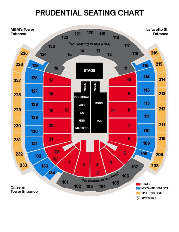 Prudential Center Seating Chart - Prudential Center seating chart for Ramapo College's graduation ceremony. The layout shows the stage at the top, followed by floor seating in the center for faculty, then graduates sections. On the left, Doctoral, Anisfield School of Business, Contemporary Arts, Humanities and Global Studies, and Masters graduates. On the right, Social Science and Human Service and Theoretical and Applied Science graduates. Tiered sections surround the floor level: Lower Level (red), Mezzanine 100 Level (blue), and Upper 200 Level (yellow). Entrance locations and accessible seating are marked throughout."