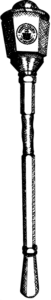 Black and white sketch of a ceremonial mace with a detailed head featuring an official seal or emblem and a long, segmented handle.