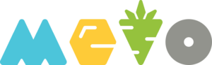 Stylized logo spelling MEVO with the letters: M in blue, E in yellow hexagon shape, V as a green carrot, and O as a gray circle resembling a bagel or donut.