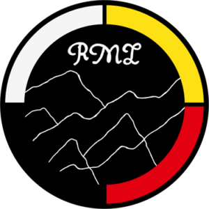 A circular logo with a black background featuring white mountain outlines, RML in cursive at the top, and a border divided into white, yellow, red, and black segments.