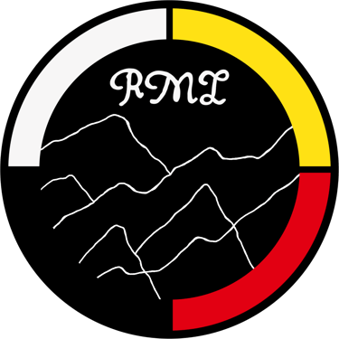 Ramapough Munsee Lenape Nation logo. A circular logo with a black background featuring white mountain outlines, RML in cursive at the top, and a border divided into white, yellow, red, and black segments.