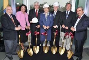 (L to R) Professor Edward Saiff, Assemblywoman Marlene Caride, Mahwah Mayor William Laforet, Elaine Adler, Mike Adler, Assemblyman Timothy Eustace and Ramapo College President Peter P. Mercer at the groundbreaking ceremony for the Adler Center for Nursing Excellence at Ramapo College.