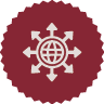 White globe with latitude lines inside a gear-like circle, surrounded by small dots and directional markers on a maroon background.
