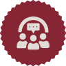 People icons with a taking bubble inside a maroon circle, conveying engagement.