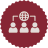 White globe with latitude and longitude lines and connected nodes, centered on a maroon circle, symbolizing global networking and talent pipeline.
