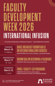 Poster for Ramapo College Faculty Development Week 2026, listing events from March 10-12, including roundtables on internationalizing courses, a Fulbright discussion, and a panel on faculty-led programs. Contact info at bottom.