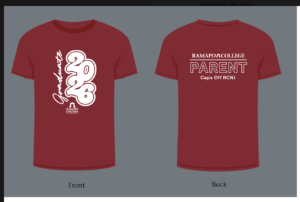 A maroon t-shirt with Graduate 2026 and the Ramapo College logo on the front; the back reads Ramapo College Parent, Caps Off RCNJ in white text.