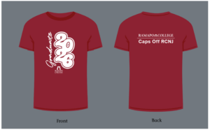 Maroon t-shirt with “Graduates 2026” and “Ramapo College” on the front; the back says “Ramapo College, Caps Off RCNJ”. Shirt shown against a gray background, displaying both front and back views.