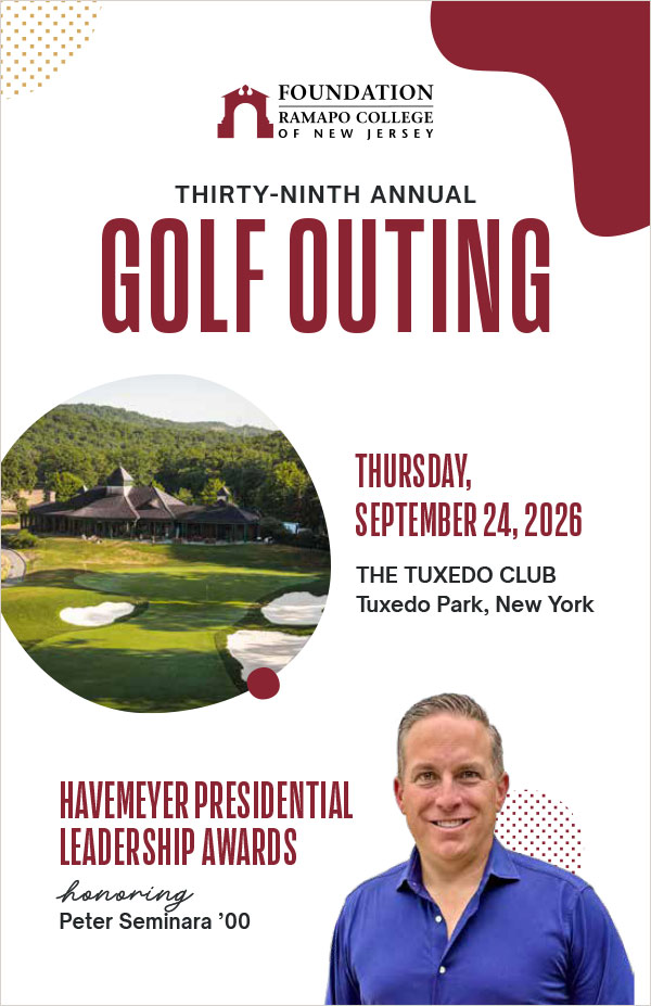 Foundation for Ramapo College of New Jersey golf outing Journal cover, featuring the Tuxedo Club course, Sept. 24, 2026, and honoree Peter Seminara ’00.