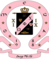 A pink horseshoe-shaped emblem with gold stars surrounds a black shield featuring symbols, Greek letters, a crown, and a pink diagonal band. Below is a pink ribbon with Omega Phi Chi and the year 1988.