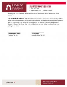 First page of a resolution passed by the Student Government Association of Ramapo College calling for the installation of lighting and better signage around the statue by Judith Peck, "One Man in Memory of Six Million." Click for PDF.