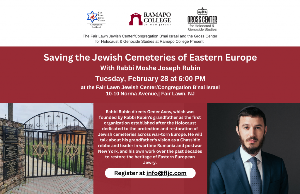 Flier with event description, a picture of cemetery gates, and a picture of the speaker