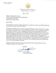Letter from Senator Cory Booker (Click to Enlarge)