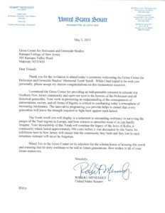 Letter from Senator Menendez congratulating the Gross Center on obtaining a Czech Memorial Scroll
