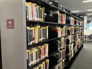 Bookshelves from floor to ceiling, filled with books. A bright window in the background.