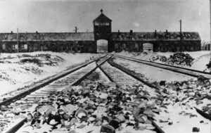 Main gate of Auschwitz after liberation