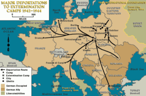 Map of Europe featuring transports to death camps.
