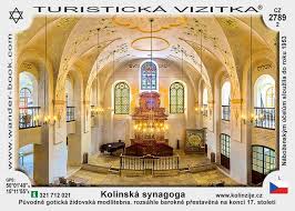 Picture postcard featuring the interior of the synagogue in Kolín.