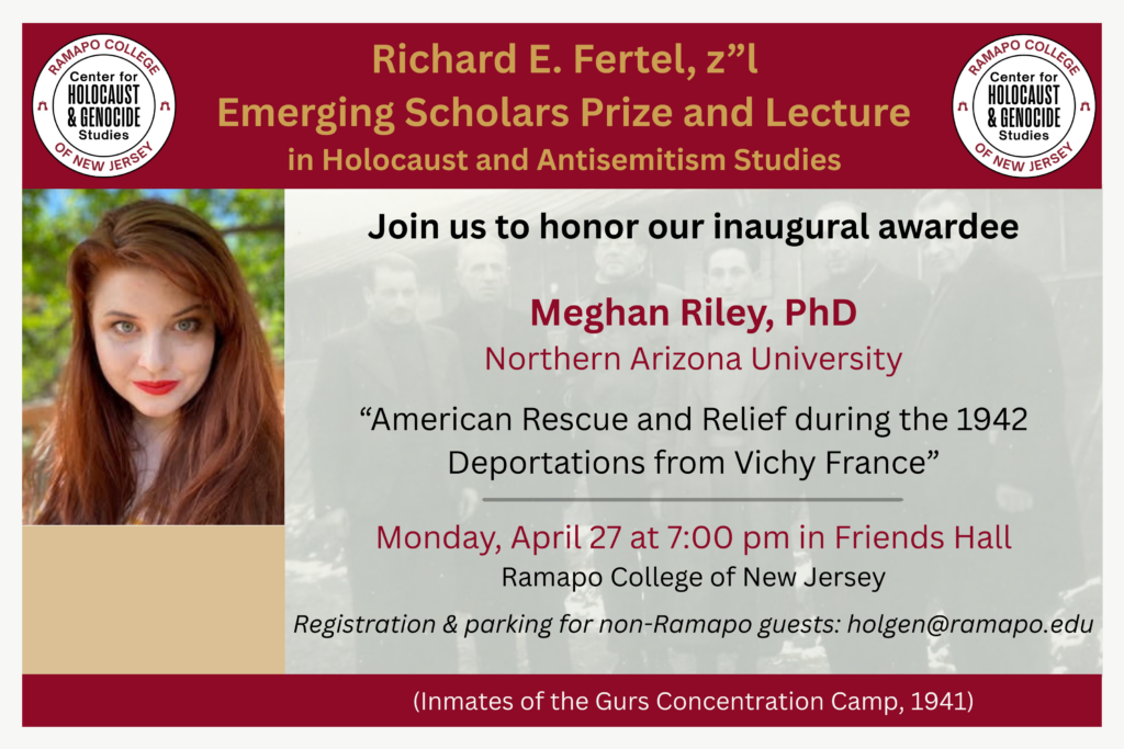 Event flyer featuring a woman with long red hair and green eyes. Text announces the Richard E. Fertel Emerging Scholars Prize and Lecture, honoring Meghan Riley, PhD, at Ramapo College, with event details and contact information.