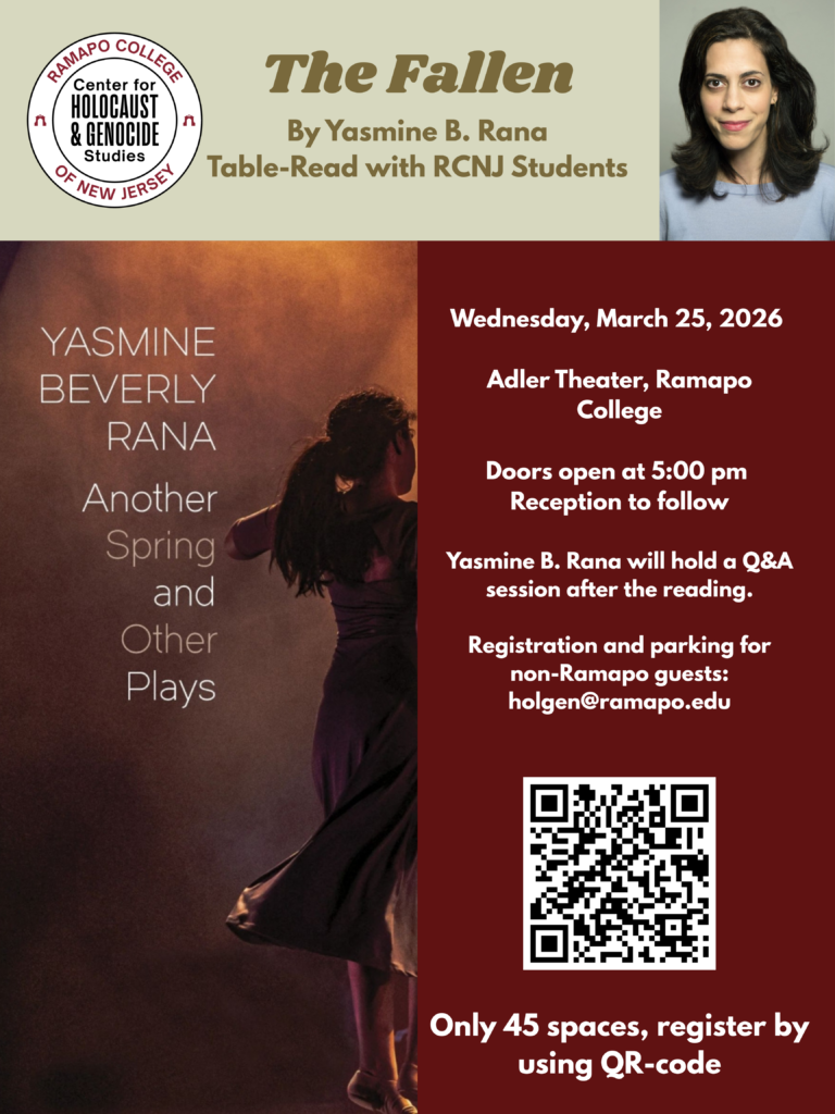 Event poster for a table-read of The Fallen by Yasmine B. Rana at Ramapo College on March 25, 2026, with event info, author photo, and a QR code for registration. All information is included in the text portion of this site.