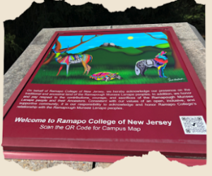 Picture of a plaque on Ramapo campus including artwork from indigenous creators. It is a brightly colored depiction of three animals on a field. They represent the three local clans of the Ramapough
