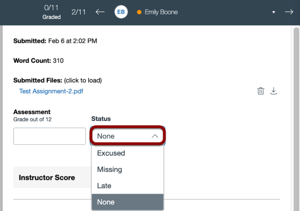 submission status drop-down in Canvas speedgrader