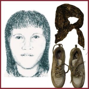 sketch of Burlington County Jane doe. photo of her leopard print scarf and shoes.