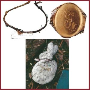 hemp necklace, gold ring with monogram of "HFM"and white bunny