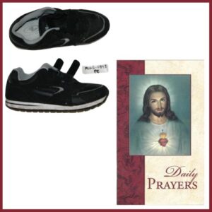 pair of black tennis shoes and a prayer book from "Priests of the Sacred Heart" in Hales Corner, Wisconsin.