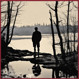 Silhouette of a man standing over a creek bed in Maine.