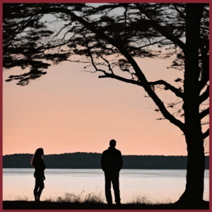 Silhouette of a woman and man looking over the water in Scarborough, Maine.