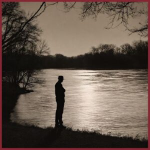 Silhouette of a man standing on the banks of a river