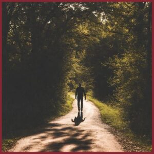 silhouette of a man walking on a path in the woods