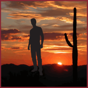 Silhouette of a young man standing with a desert sunset behind him.